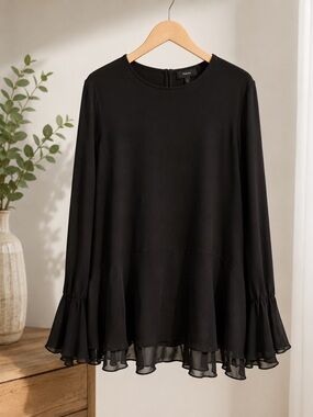 Theory Black Long Sleeve Ruffle Hem Blouse